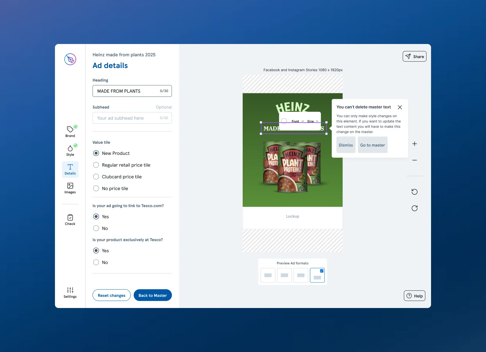 Tesco Retail Media ad builder with pricing tile options